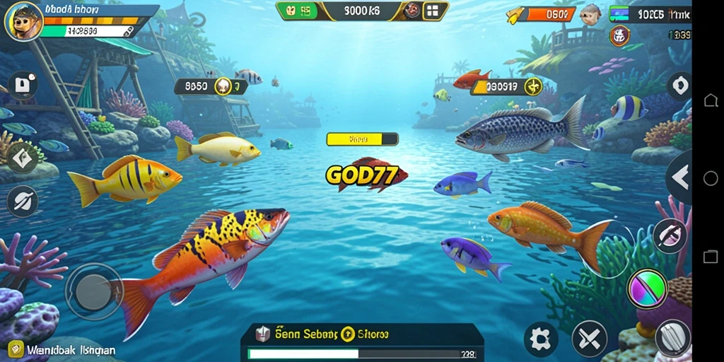 Tampilan gameplay <strong>GOD77</strong> yang seru dengan berbagai ikan menunggu untuk ditembak.