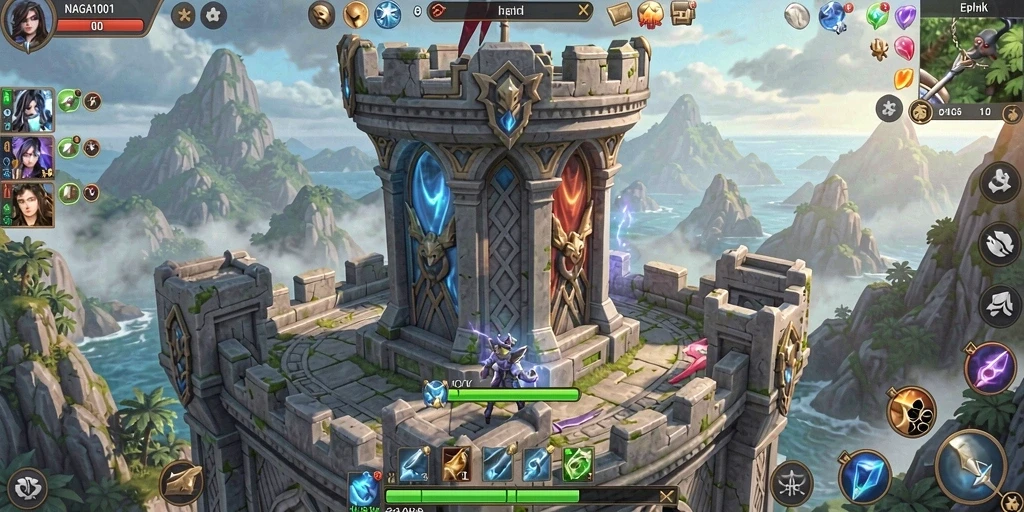 Gambaran gameplay NAGA1001 dengan menara yang berdiri menghalau gelombang musuh.